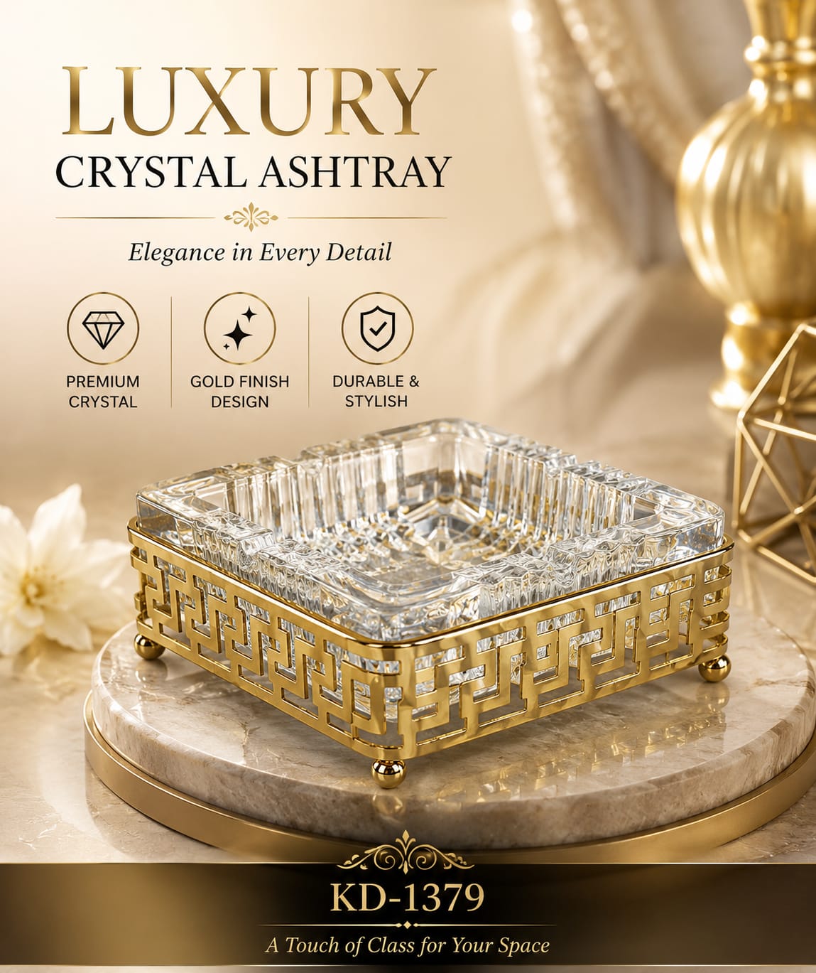 Luxury Metal & Crystal Ashtray KD-1379 �Elegant Decorative Cigarette Ash Tray Size 13x13x4.5cm