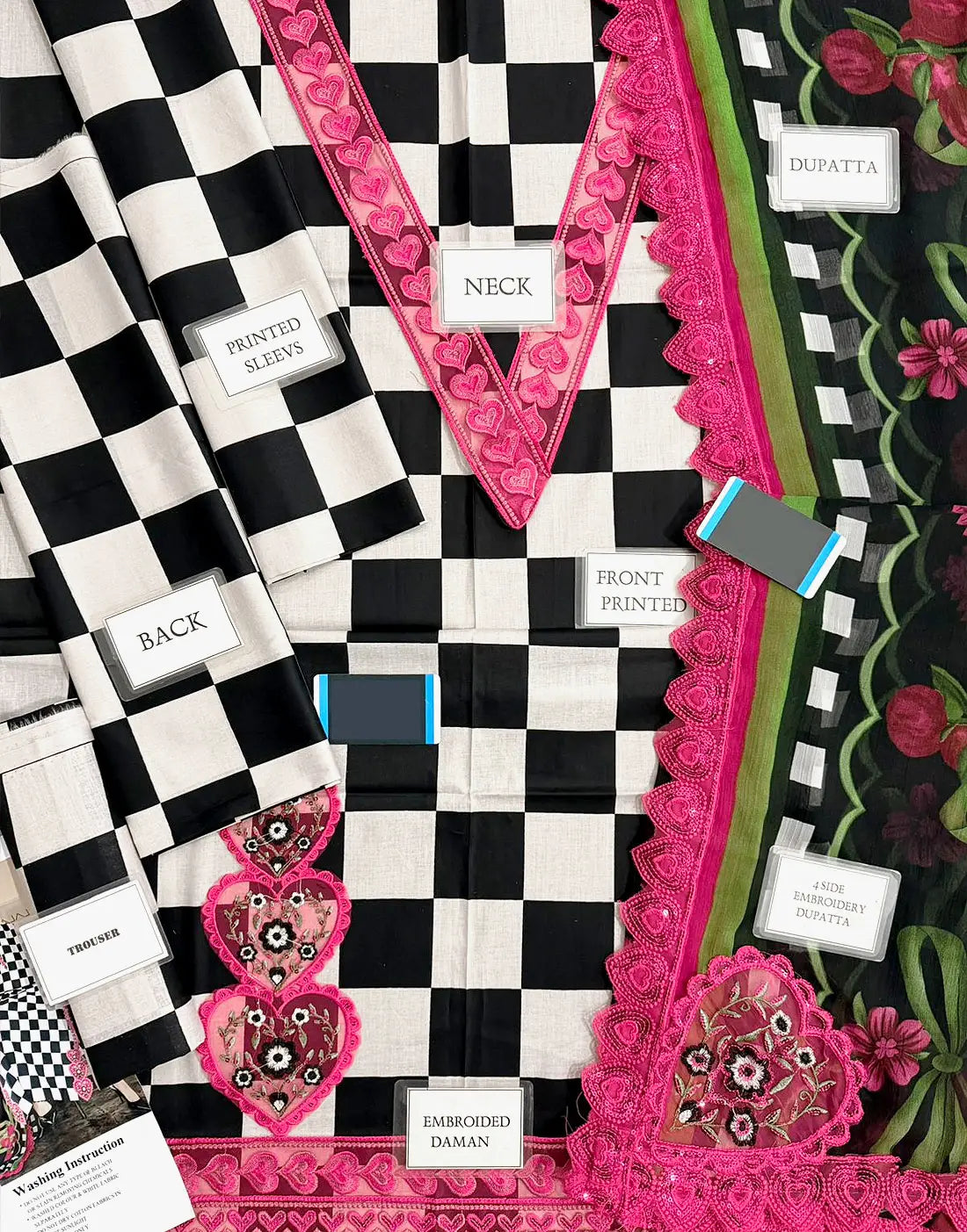 Elegant All-Over Checkerboard Print Embroidered Lawn 3Pc Unstitched Dress with Chiffon Dupatta �Summer Collection 2026