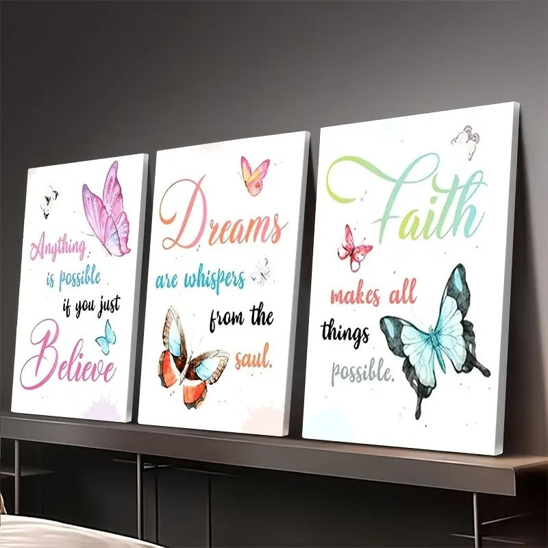 Believe, Dream, Faith �3-Piece Inspirational Butterfly Wall Art Set (8x11 inch)
