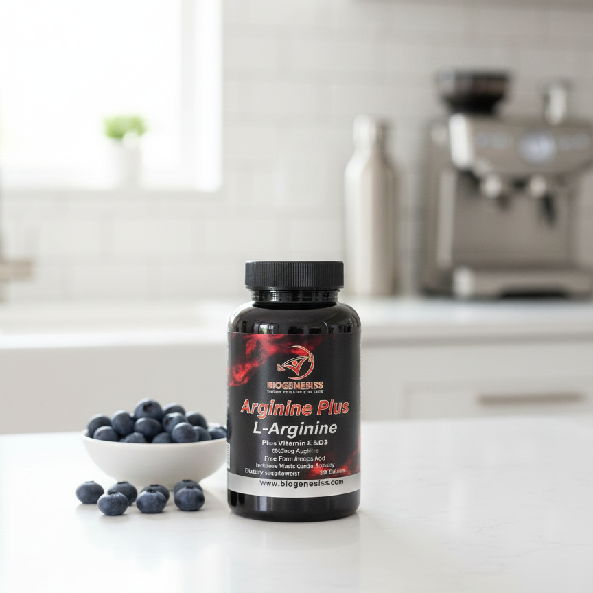 Biogenesiss Arginine Plus Premium L-Arginine Complex �1000mg Free Form Amino Acid with Vitamins E & D3 for Nitric Oxide Boost, Circulation, and Muscle Recovery (60 Tablets)