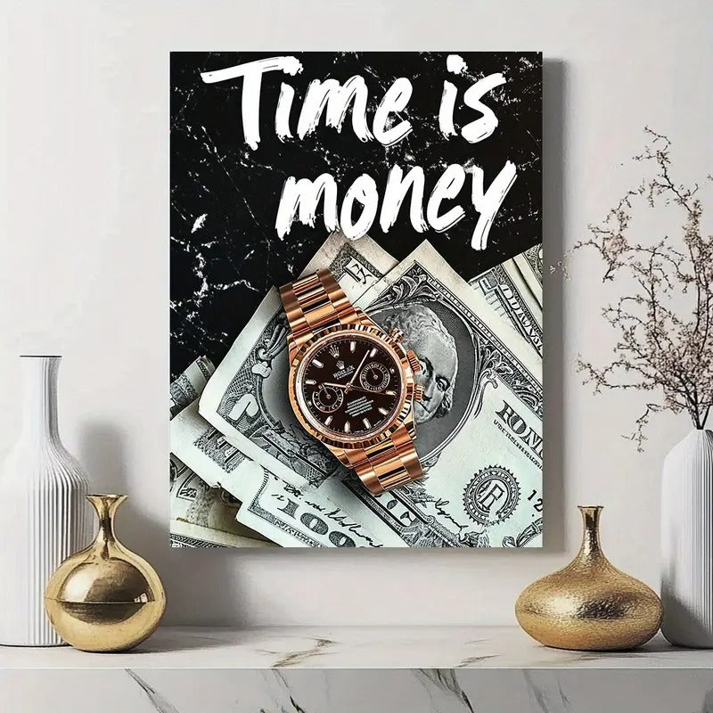 Time is Money Wall Art Frame ?ooden Sticky Tile with Watch & Dollar Design, Self-Adhesive Home Decor