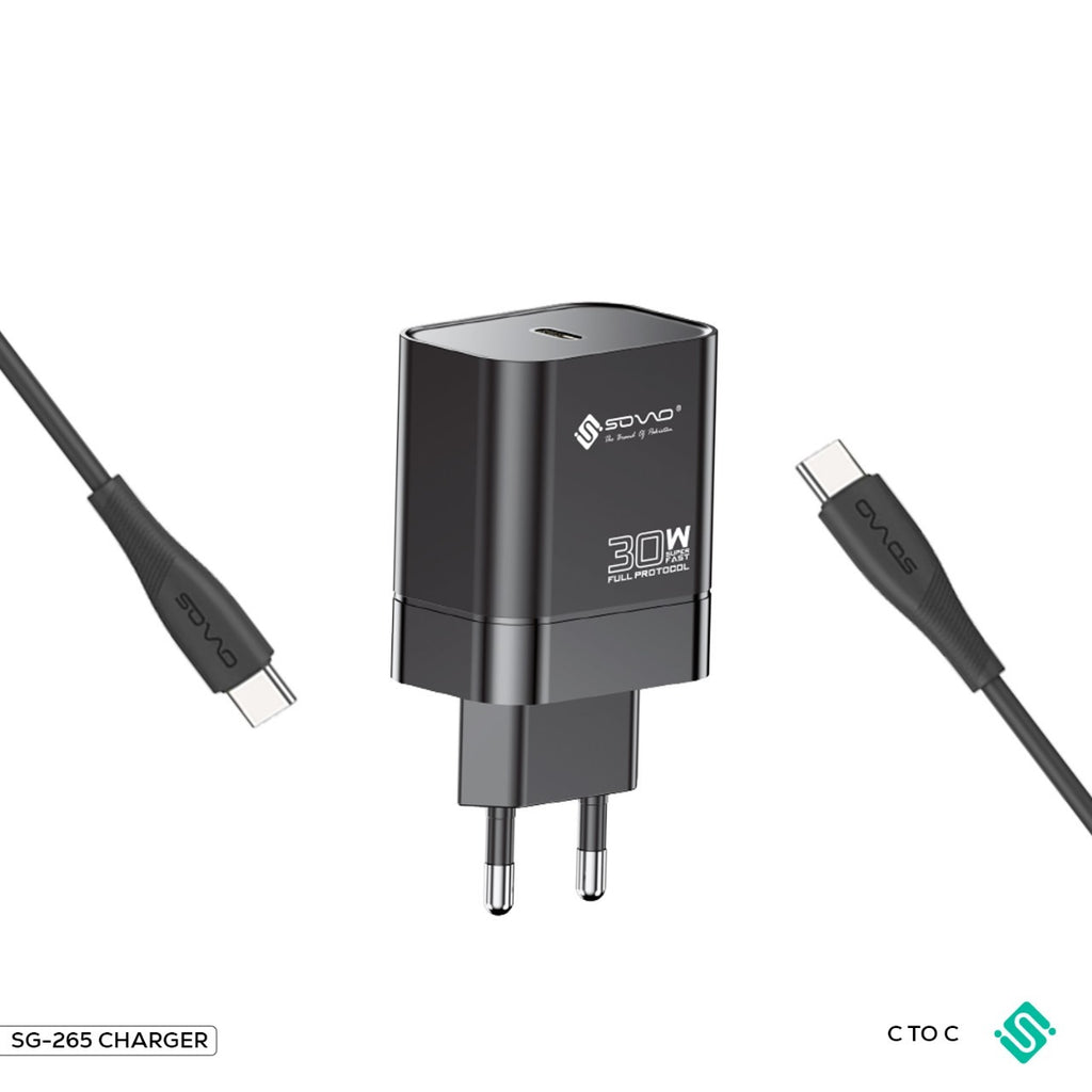 SOVO SG-265 LAZER 30W Super Fast C to C Charger �PD & QC 3.0 Type-C Adapter with Type-C Cable