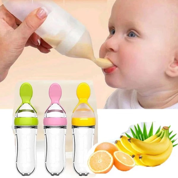 Baby Spoon Feeder | 90ml Silicone Feeding Bottle with Spoon | Infant & Toddler Food Supplement Bottle