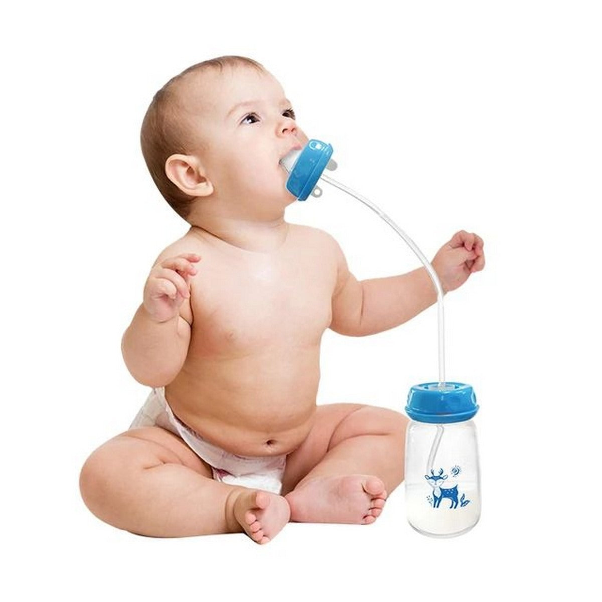 Baby Hands-Free Feeder Bottle 150ml | BPA-Free Anti-Colic Self Feeding Baby Bottle with Straw Brush (Random Color)