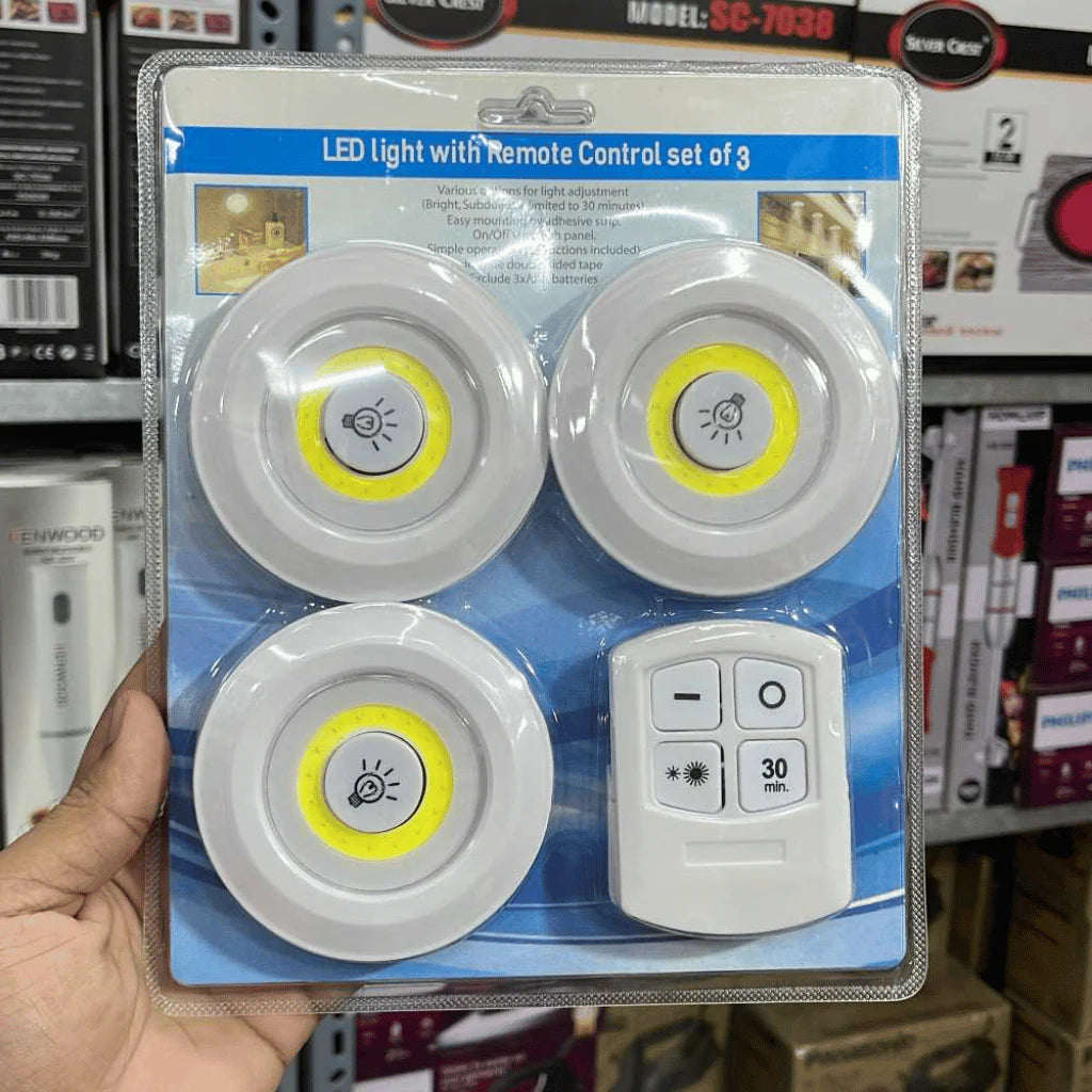 Pack Of 3 LED Remote Control Lights | Tap Light For Cabinet Wardrobe Room Kitchen & Office Use | Self-adhesive Lights With Remote (Cell Operated)