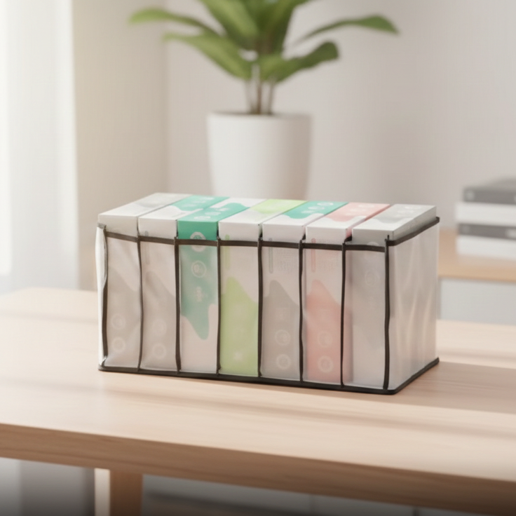 7 Grid Non-Woven Clothes Organizer for Wardrobe �Foldable Storage Box, Milky White, 75 GSM (18x9x9 in)