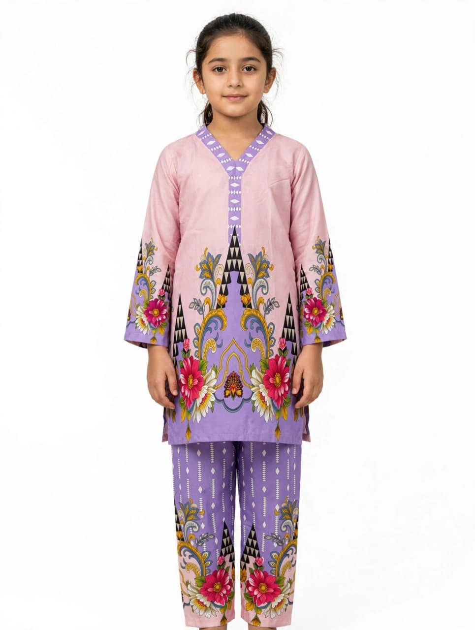 Girls Purple Printed Stitched Co Ord Set