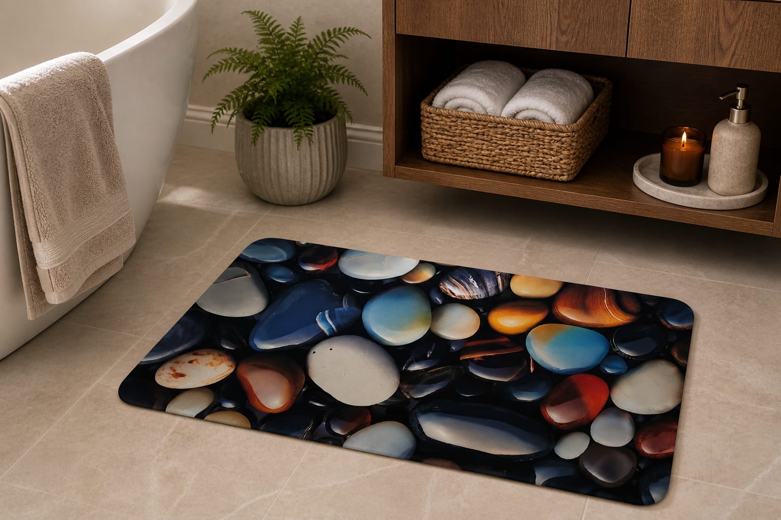 Super Absorbent Non-Slip Bathroom Floor Mat - Quick-Dry Soft Colorful Pebble Design 23 ? 15 inch