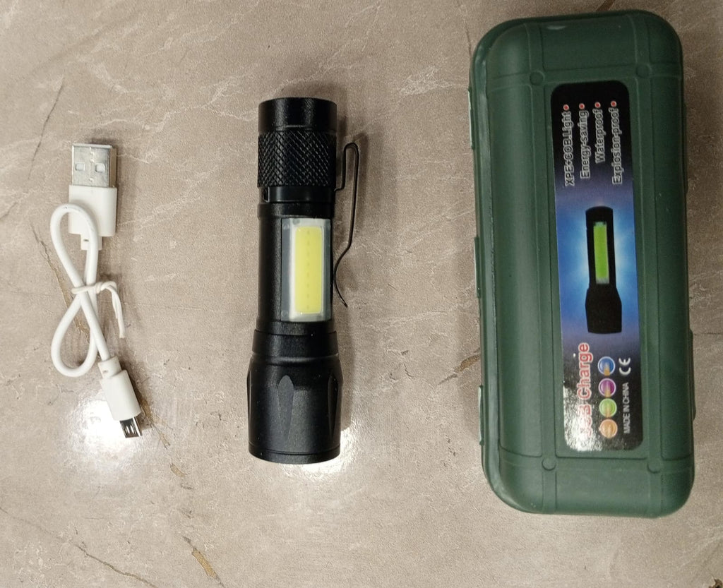 Mini Rechargeable LED Flashlight �Waterproof Torch with USB Fast Charging & Side Lamp (Metal Body)