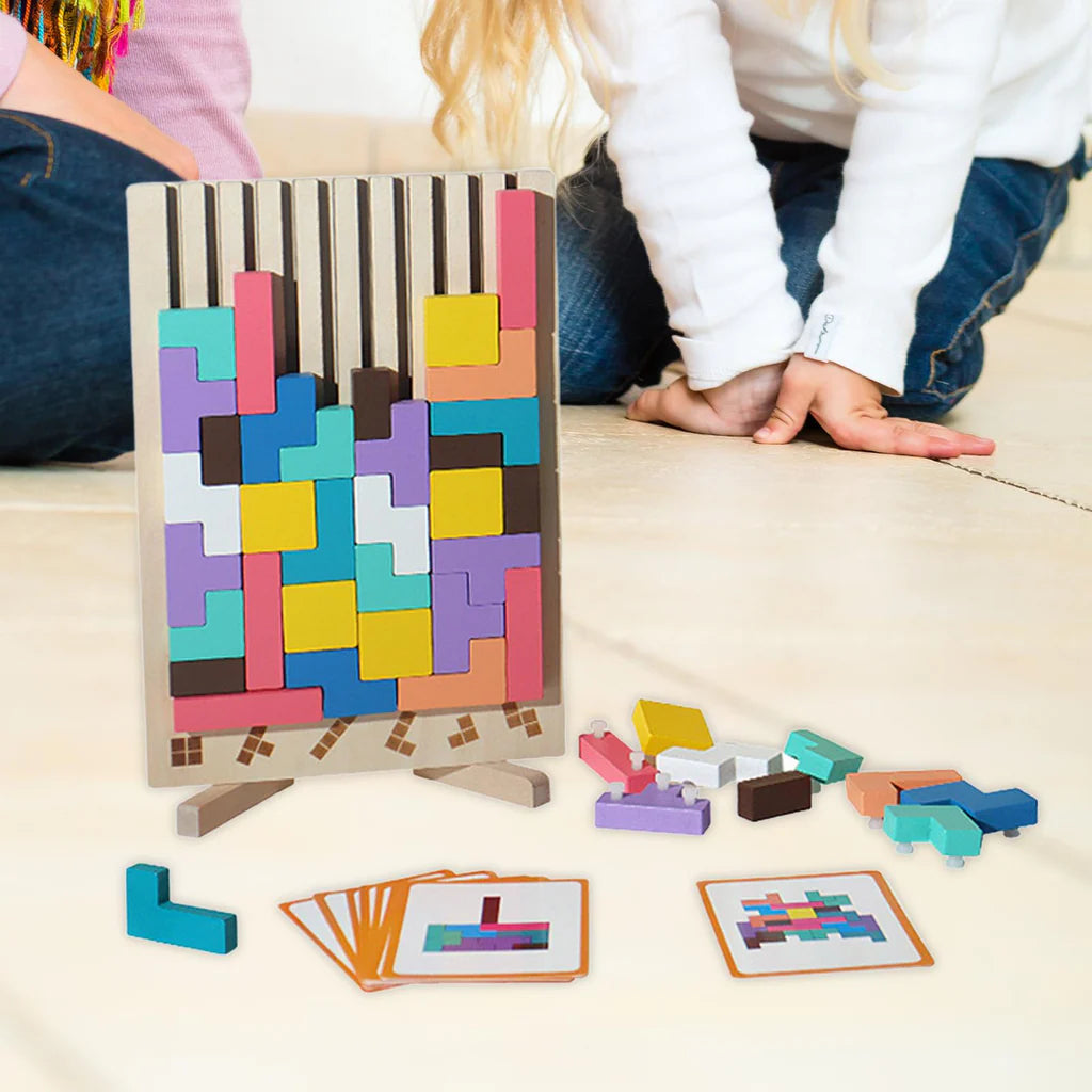 Wooden Puzzle Tetris Game | Montessori Learning Aid | 3D Colourful Blocks | Creative Geometry Toy for Kids & Families