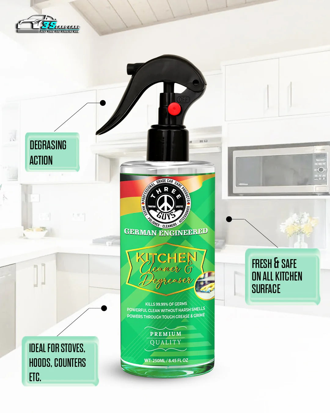 Kitchen Cleaner & Degreaser �Heavy Duty, Germ-Killing & Grease-Fighting Formula | THREE GUYS - German Engineered (250) ML