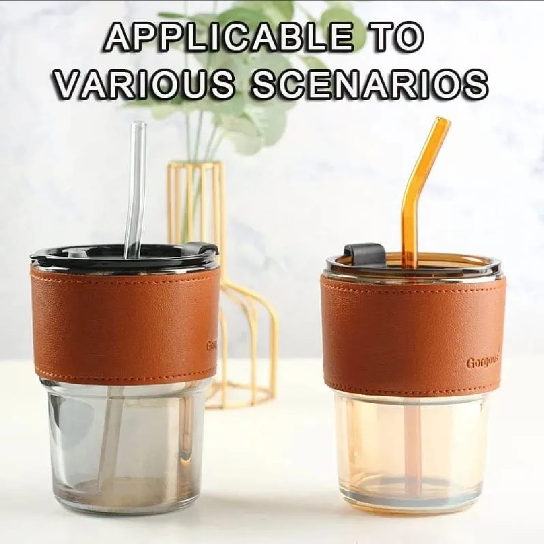 Reusable Coffee Mug with Straw �Leakproof Lid & Heat-Resistant PU Leather Sleeve for Hot & Cold Drinks (300ml)