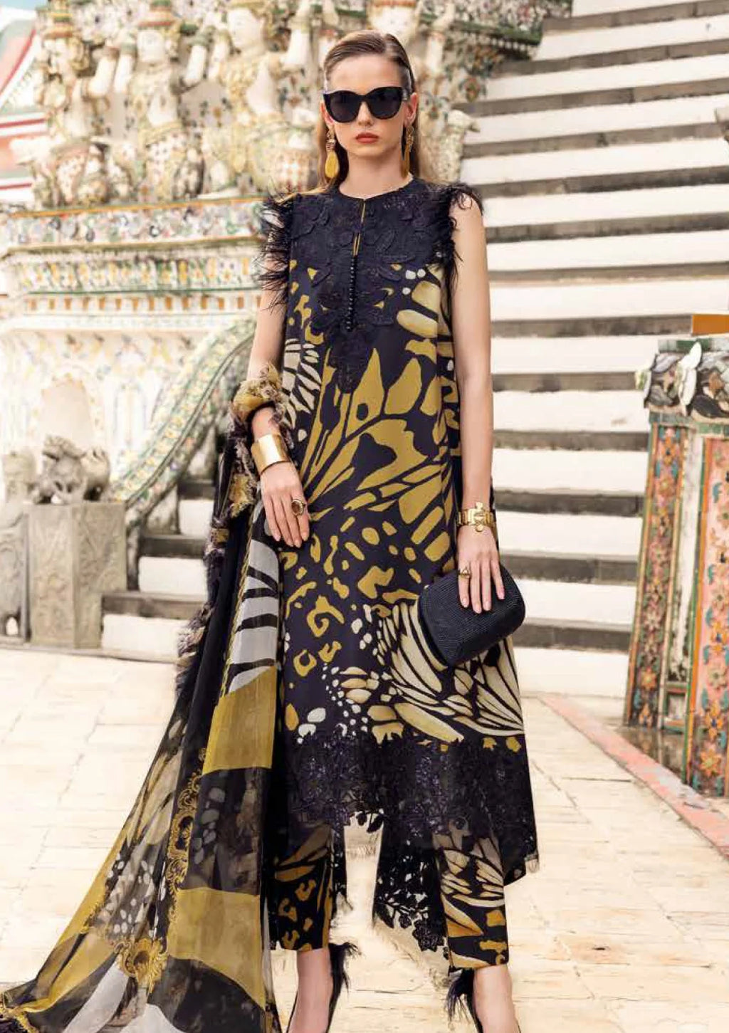 Maria B Printed Embroidered Lawn 3PC Unstitched Suit with Chiffon Dupatta �Black & Mustard