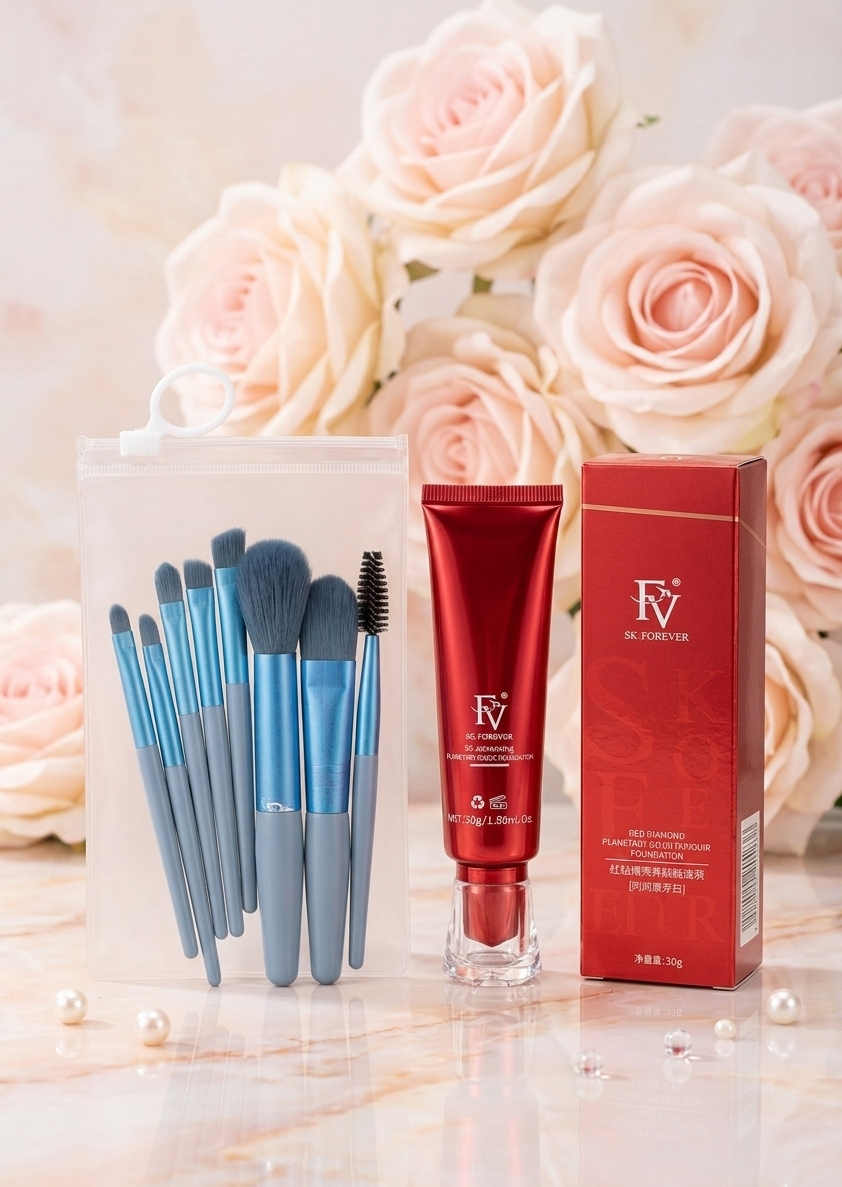 Ivory Shade FV Foundation With 8 Pcs Makeup Brush Set �Full Coverage Face Makeup Kit For Women