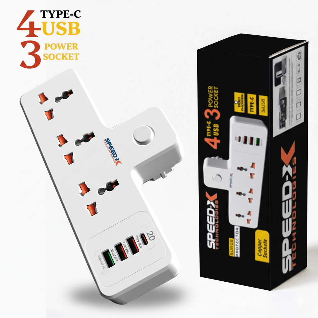 ProfessionProfessional Premium Portable Power Strip 3 Sockets + 3 USB + 1 Type-C Port From International Brand Speed-Xal Premium Portable Power Strip 3socket+3usb+1type-c Port from International Brand: Speed-x