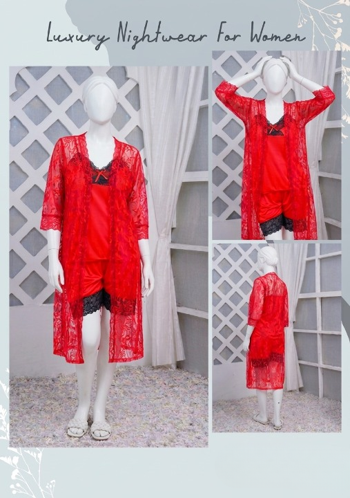 3 Pcs Luxurious Silk & Net Black Lace Women's Sleepwear Set Top Short & Gown Nightwear (Free Size Color Black)