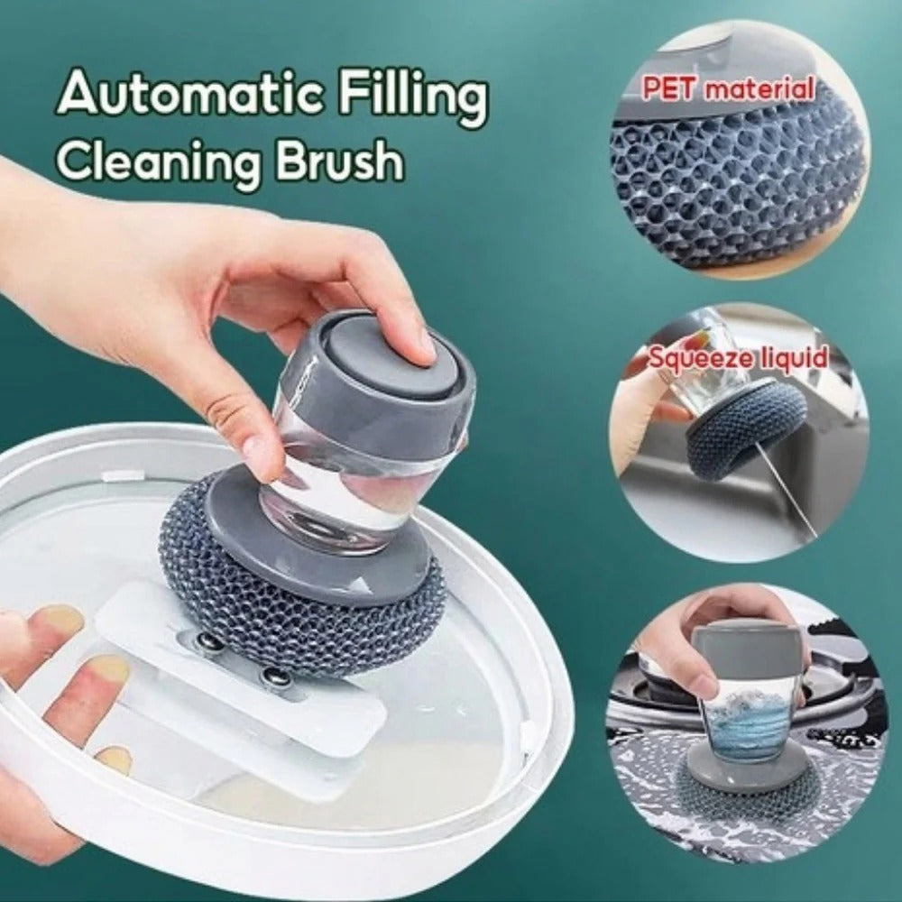 Kitchen Soap Dispensing Palm Brush �Automatic Filling Dish Scrubber with PET Bristles �Non-Scratch Cleaning Brush for Pots, Pans, and Sinks