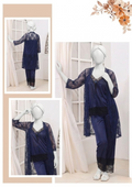 3 Pcs Premium Silk & Net Black Lace Women's Sleepwear Set Top Trouser & Gown (Size Free Color Blue)