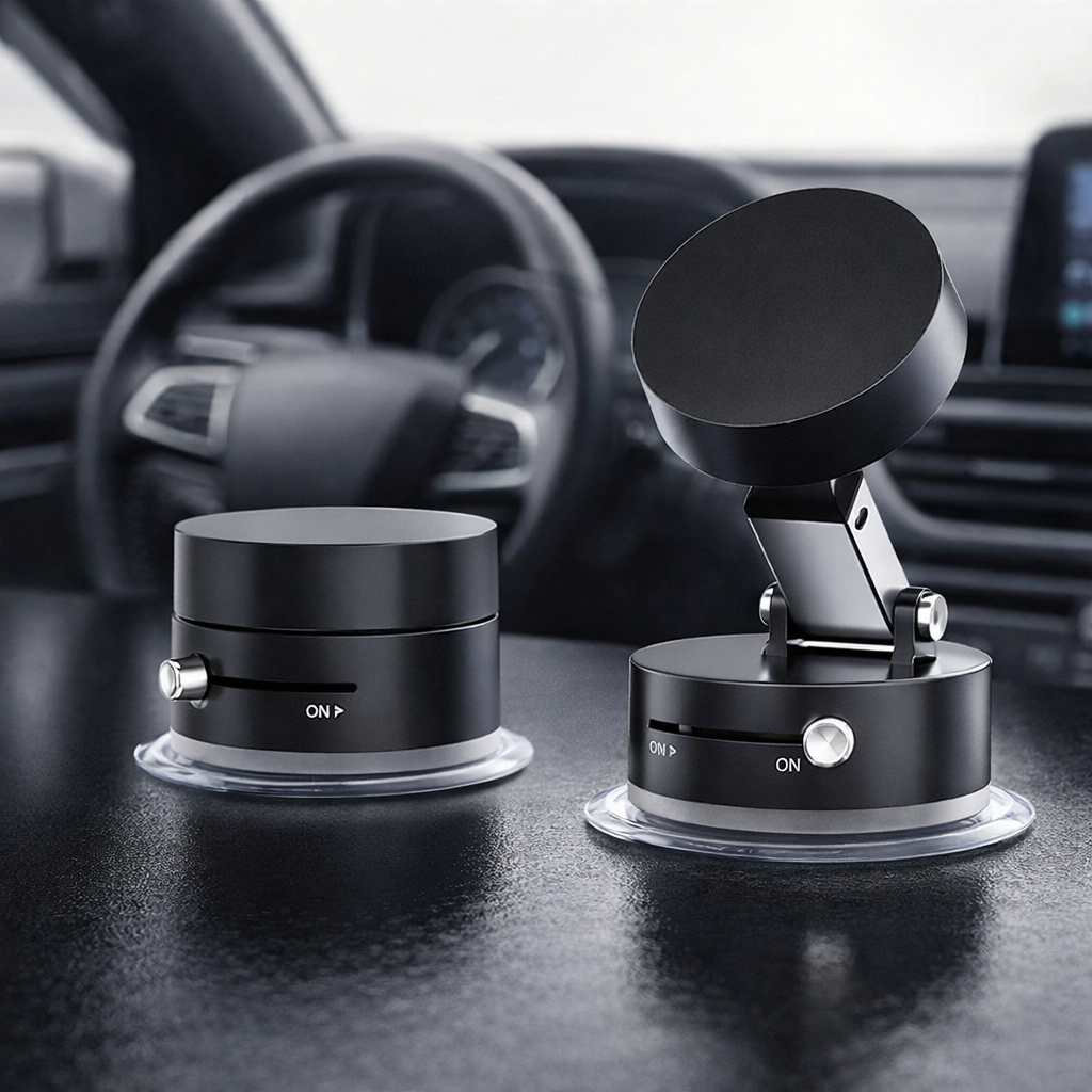 Premium Suction Cup Magnetic Support Holder �Obsidian Black Multi-Angle Retractable Folding Phone Mount for Car, Desk