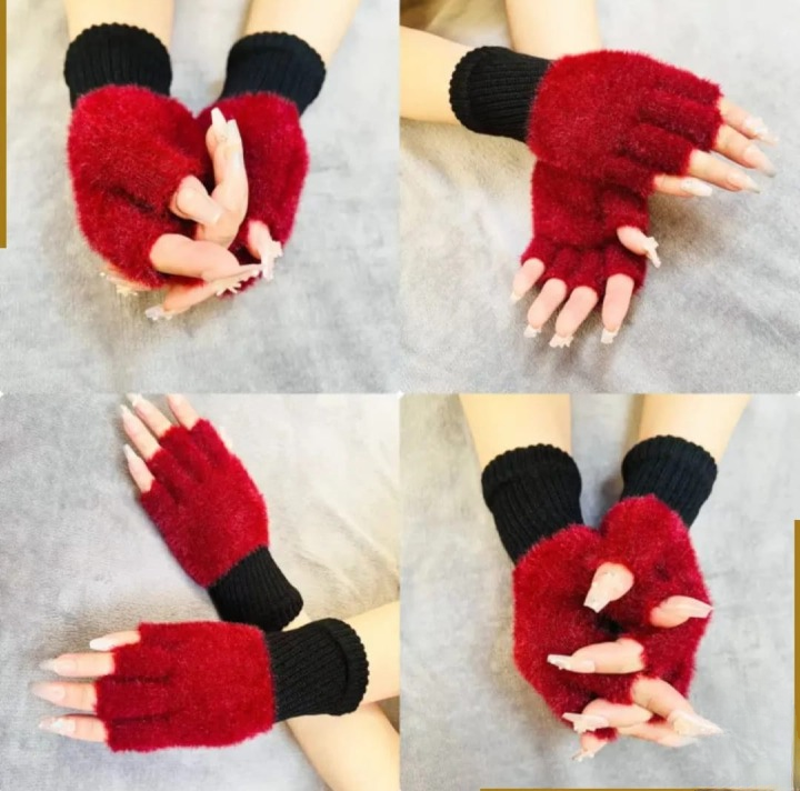 Winter Half Finger Pair Gloves For Women Plush Warm Fingerless Pair Gloves In Multicolor (Random Color)