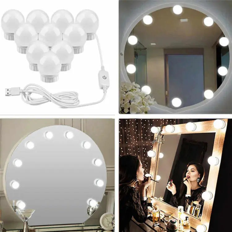 Vanity Mirror Fill Light Adjustable Luminance 3 Colors LED USB Wall Bulbs String For All Pretty 3 Colors Dimmable Vanity Light(10 Bulbs)