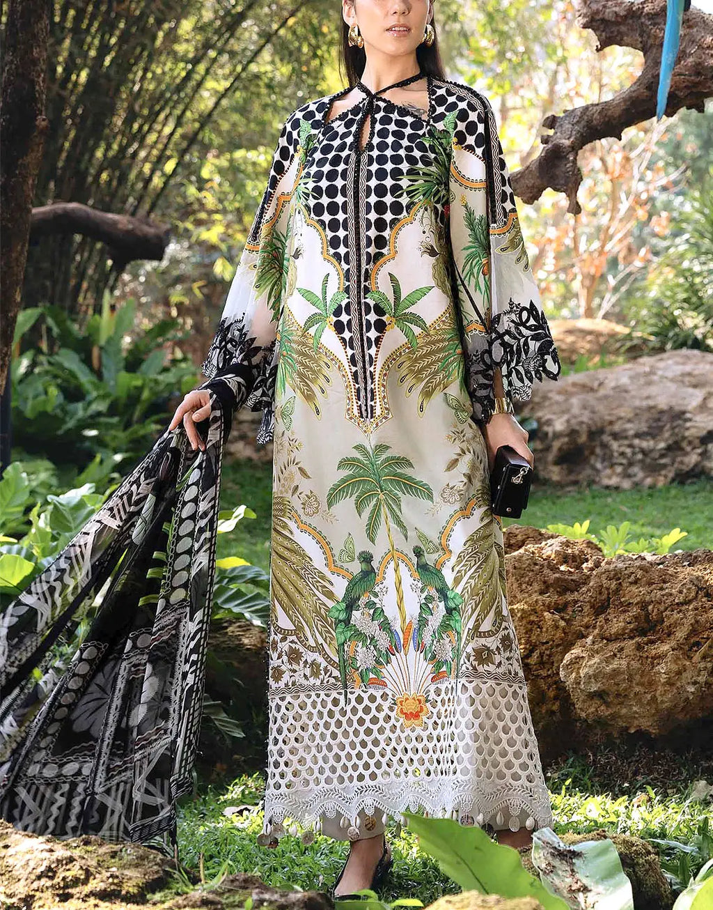 Elegant All-Over Print Embroidered Lawn 3Pc Unstitched EID Dress for Girls with Chiffon Dupatta
