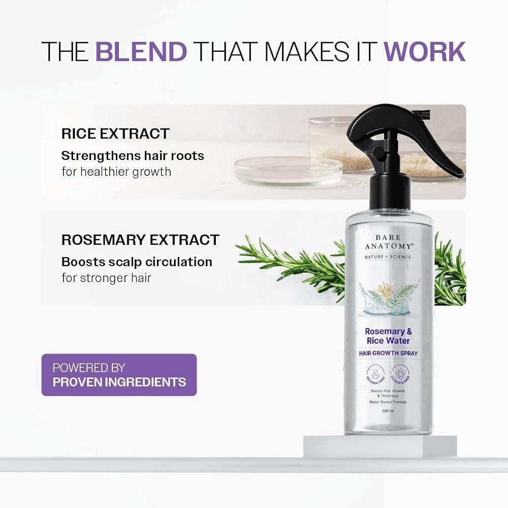 Bare Anatomy Rosemary & Rice Water Hair Growth Spray �200ml | Strengthen & Thicken Hair | Made In India