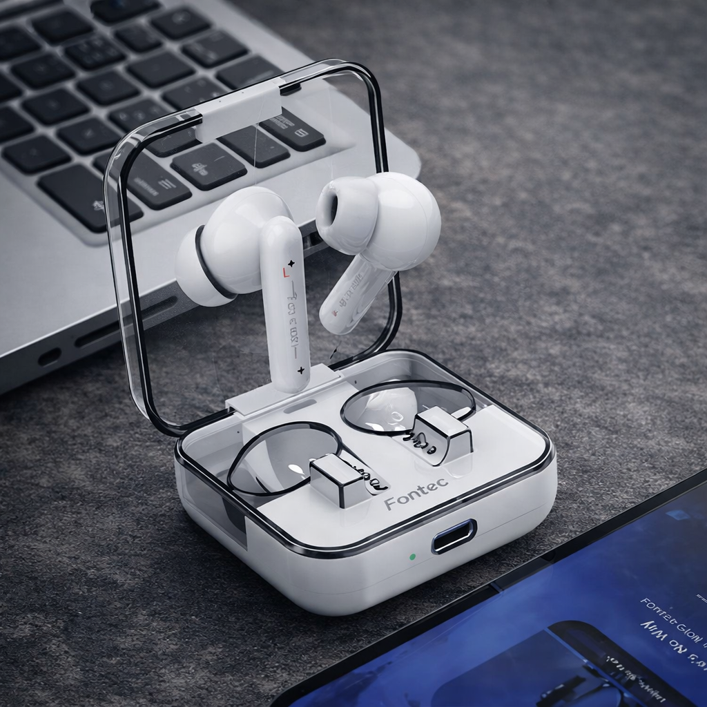 Fontec Glow Wireless Earbuds �Bluetooth 5.3 Gaming Earphones with ENC Noise Cancellation & Transparent Charging Case