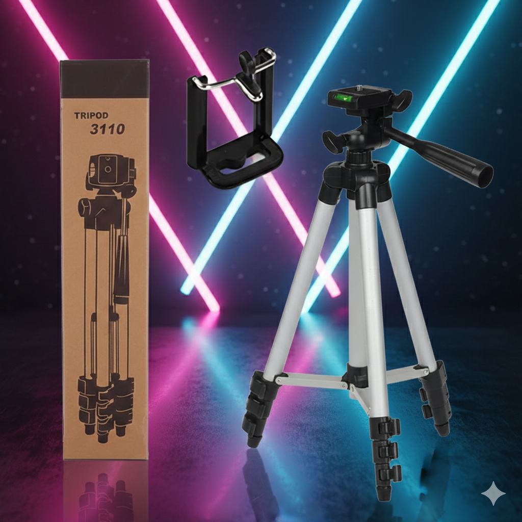 Tripod 3110 Portable Adjustable Aluminium Lightweight Camera Stand Tripod, with 3-Dimensional Head and Quick Release Plate for Video Cameras and Mobile, Black, Silver | 3110