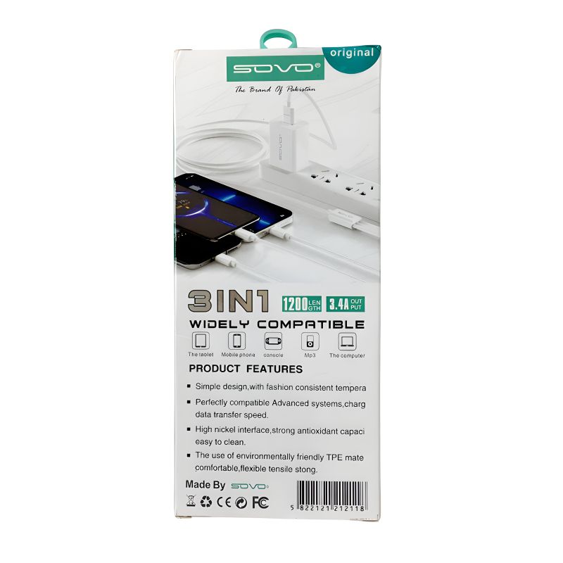 SOVO High Quality 3-in-1 Fast Charging  Cable �Multi Charging Cable for Micro USB, Type-C & Lightning Devices