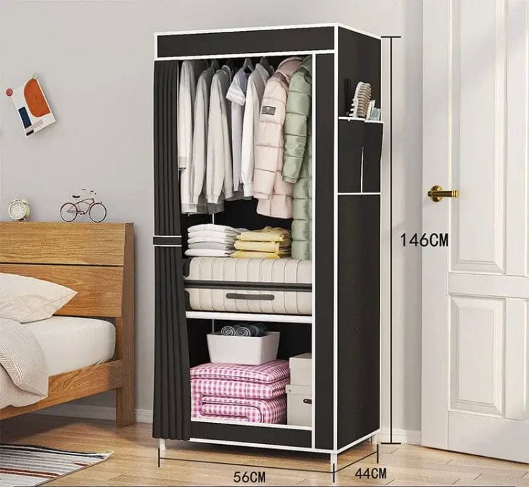 Heavy-Duty Portable Single Fabric Wardrobe �Compact Space-Saving Clothes Organizer with Hanging Rail, Storage Shelves, and Dustproof Curtain Cover (56cm x 44cm x 146cm)