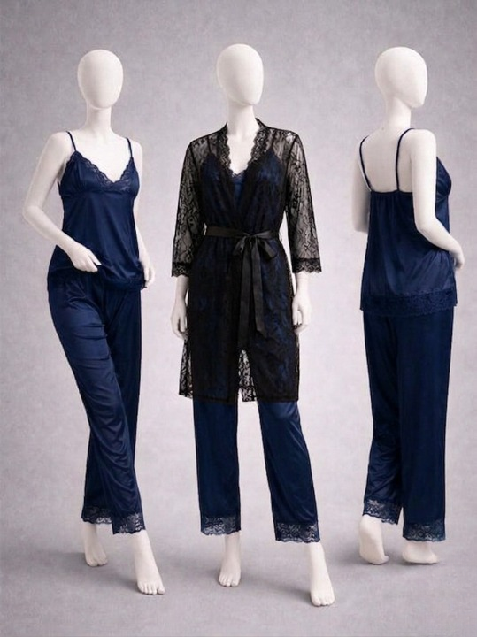 Elegant 3-Piece Women's Nightwear Set �Silk Cami, Pyjamas & Lace Robe (Free Size) Black