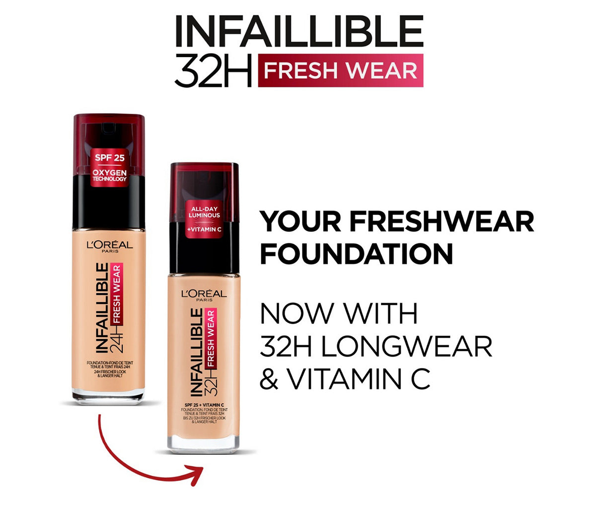 L'Or?l Paris Infallible 32H Fresh Wear Foundation, Full-coverage, Longwear, Weightless Smooth Finish, Water-proof and Transfer-proof, with Vitamin C 30ml - Natural