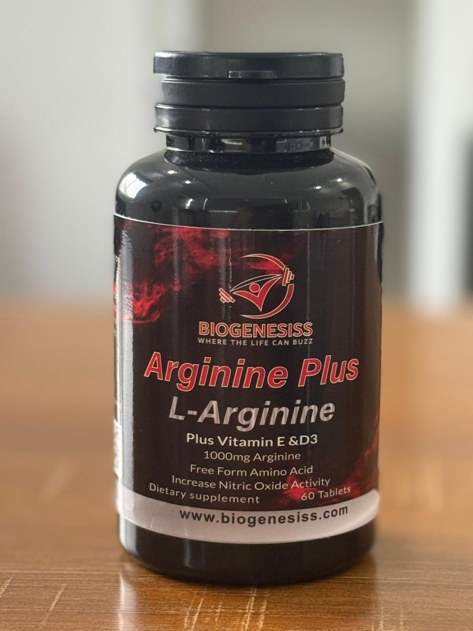Biogenesiss Arginine Plus Premium L-Arginine Complex �1000mg Free Form Amino Acid with Vitamins E & D3 for Nitric Oxide Boost, Circulation, and Muscle Recovery (60 Tablets)