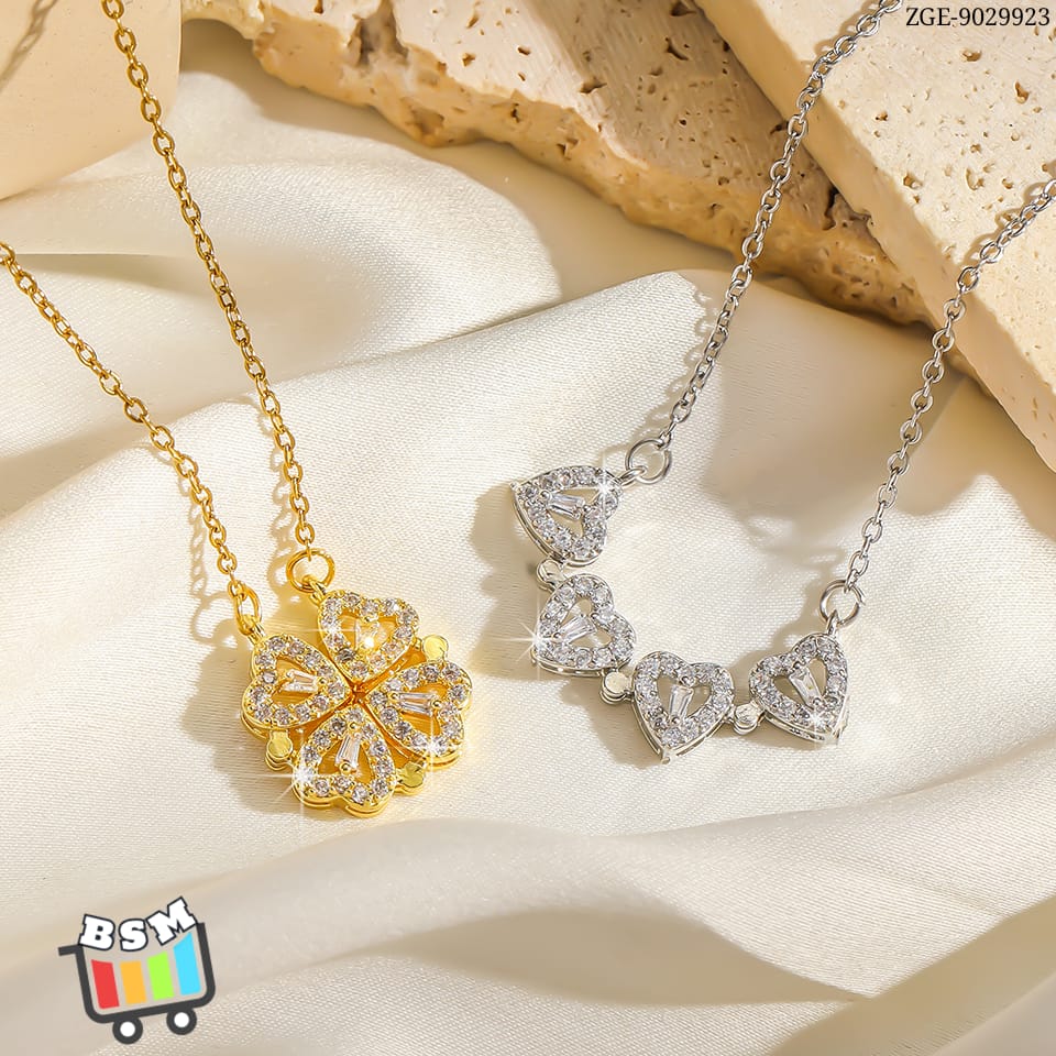 ZGE-923 Korean Magnetic 4 Leaf Clover Pendant Necklace- Silver