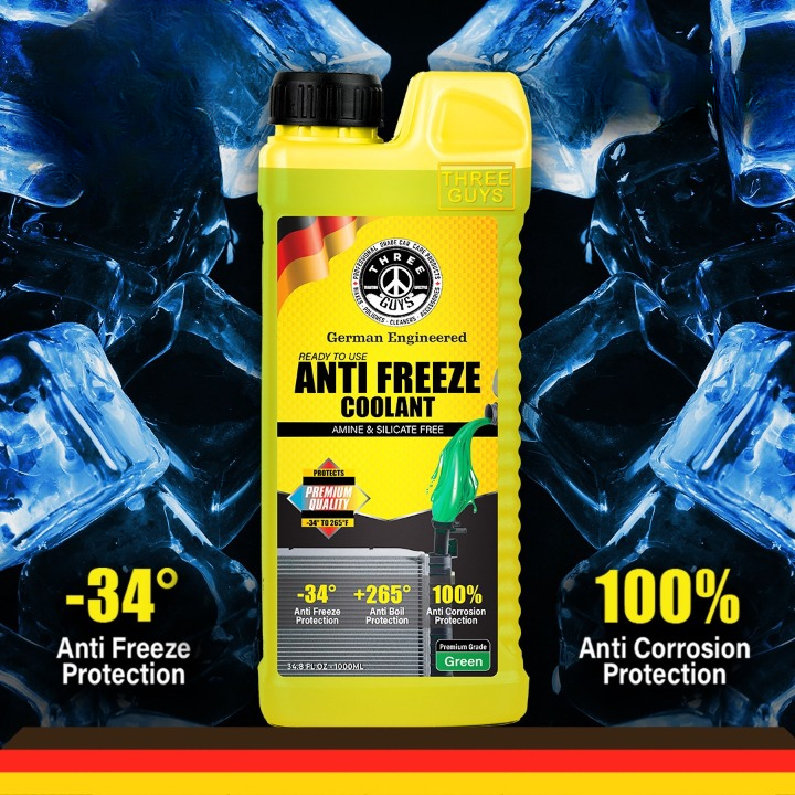 THREE GUYS Antifreeze Coolant Green �Long Life Ready-to-Use Coolant | IAT Formula | Radiator Coolant for Car, SUV & Bike Engines | Rust & Freeze Protection | 1L