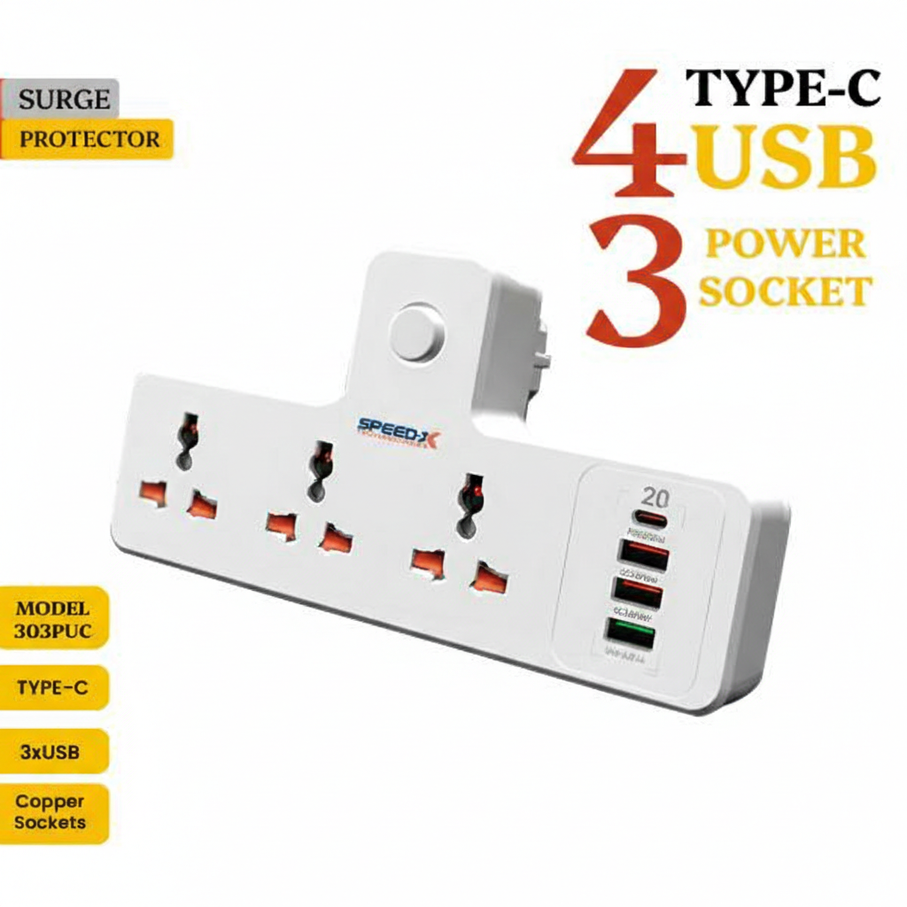 ProfessionProfessional Premium Portable Power Strip 3 Sockets + 3 USB + 1 Type-C Port From International Brand Speed-Xal Premium Portable Power Strip 3socket+3usb+1type-c Port from International Brand: Speed-x