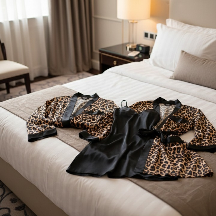Couple Leopard Print & Black Satin Sleepwear