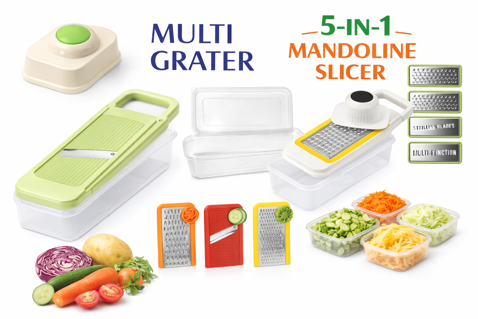 5-in-1 Multi Grater & Mandoline Slicer with Storage Box �Stainless Steel Blades Vegetable & Fruit Cutter
