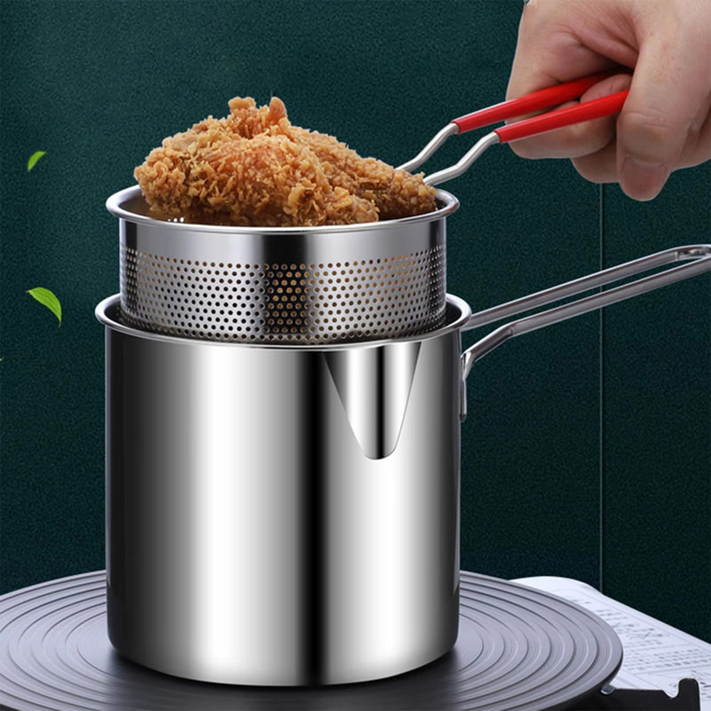 Stainless Steel Deep Fryer Pot with Strainer �Heavy-Duty Frying Pan for Home Kitchen Use �1200ML Oil Capacity