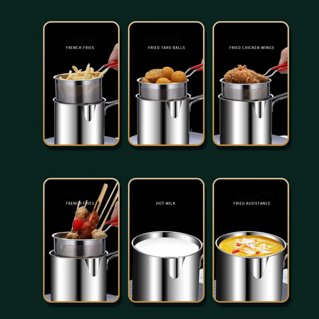 Stainless Steel Deep Fryer Pot with Strainer �Heavy-Duty Frying Pan for Home Kitchen Use �1200ML Oil Capacity