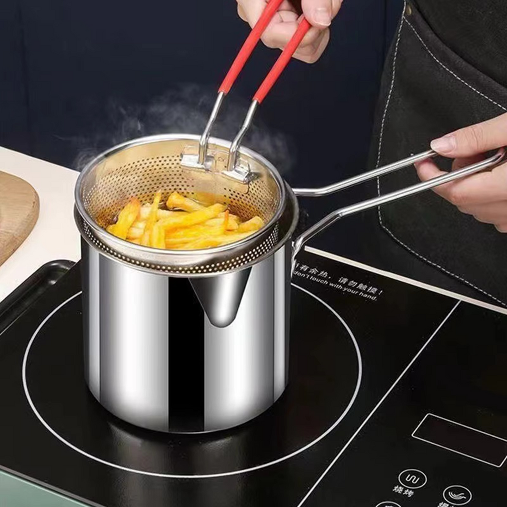 Stainless Steel Deep Fryer Pot with Strainer �Heavy-Duty Frying Pan for Home Kitchen Use �1200ML Oil Capacity