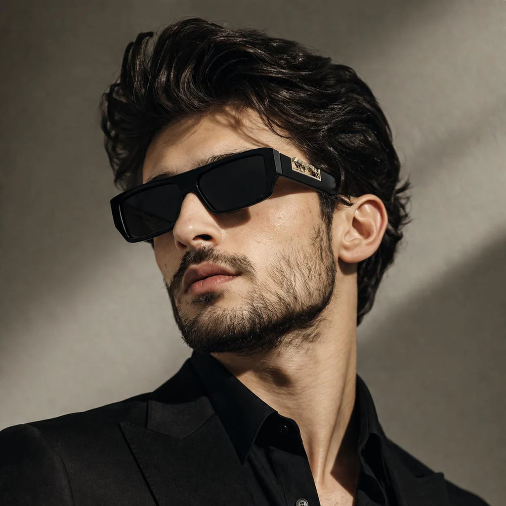 Leopard Logo Unisex Full-Rim Rectangular UV400 Sunglasses | Black Tint Lightweight Frame | Casual Street Style Eyewear