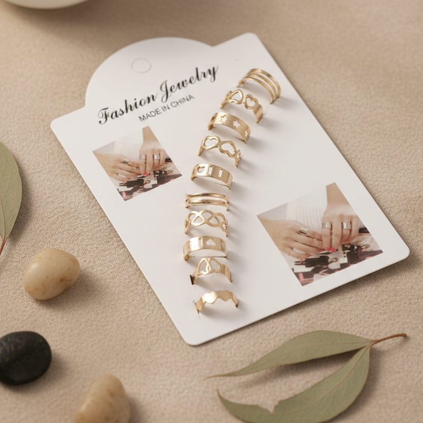 10 Pcs Adjustable Alloy Rings Set for Women & Girls �Stackable Fashion Jewelry Collection ~ Golden