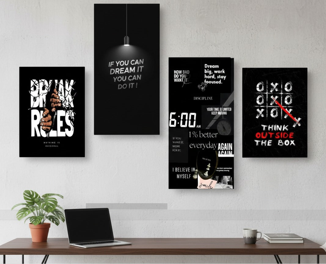 Set of 4 Motivational Wall Art Frames | Wooden Sticky Tiles | 8x16" & 8x11" | Easy Wall D?or | Double Tape Included