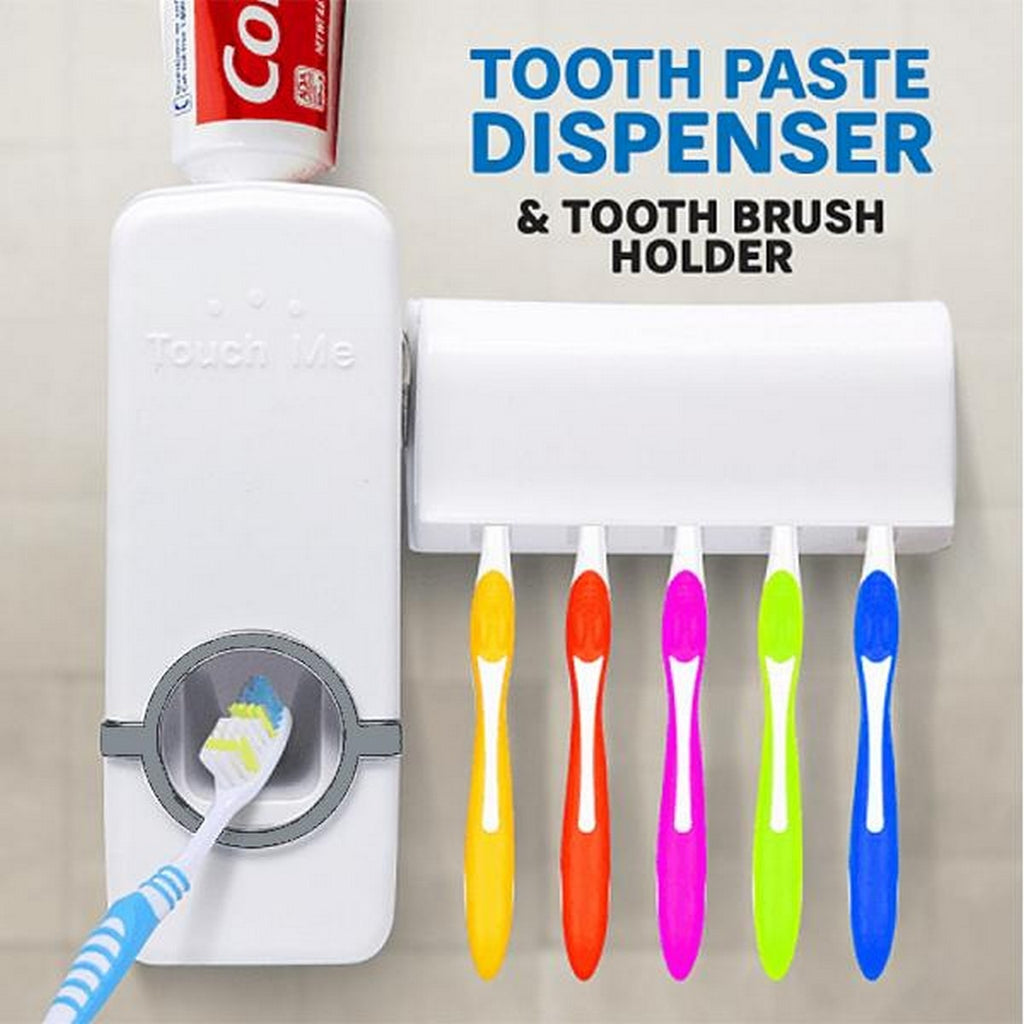 Automatic Toothpaste Dispenser With Toothbrush Holder Wall Mounted Durable Hygienic And Convenient Bathroom Accessory