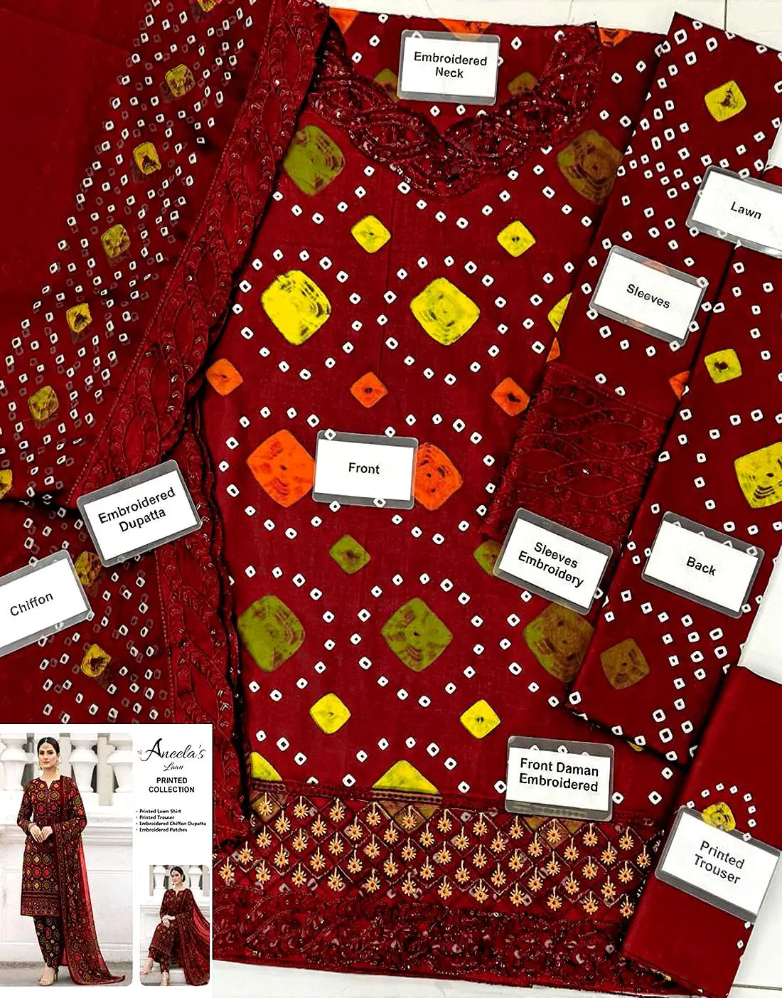 Trendy Digital Chunri Print Embroidered Lawn 3PC Unstitched Suit with Chiffon Dupatta