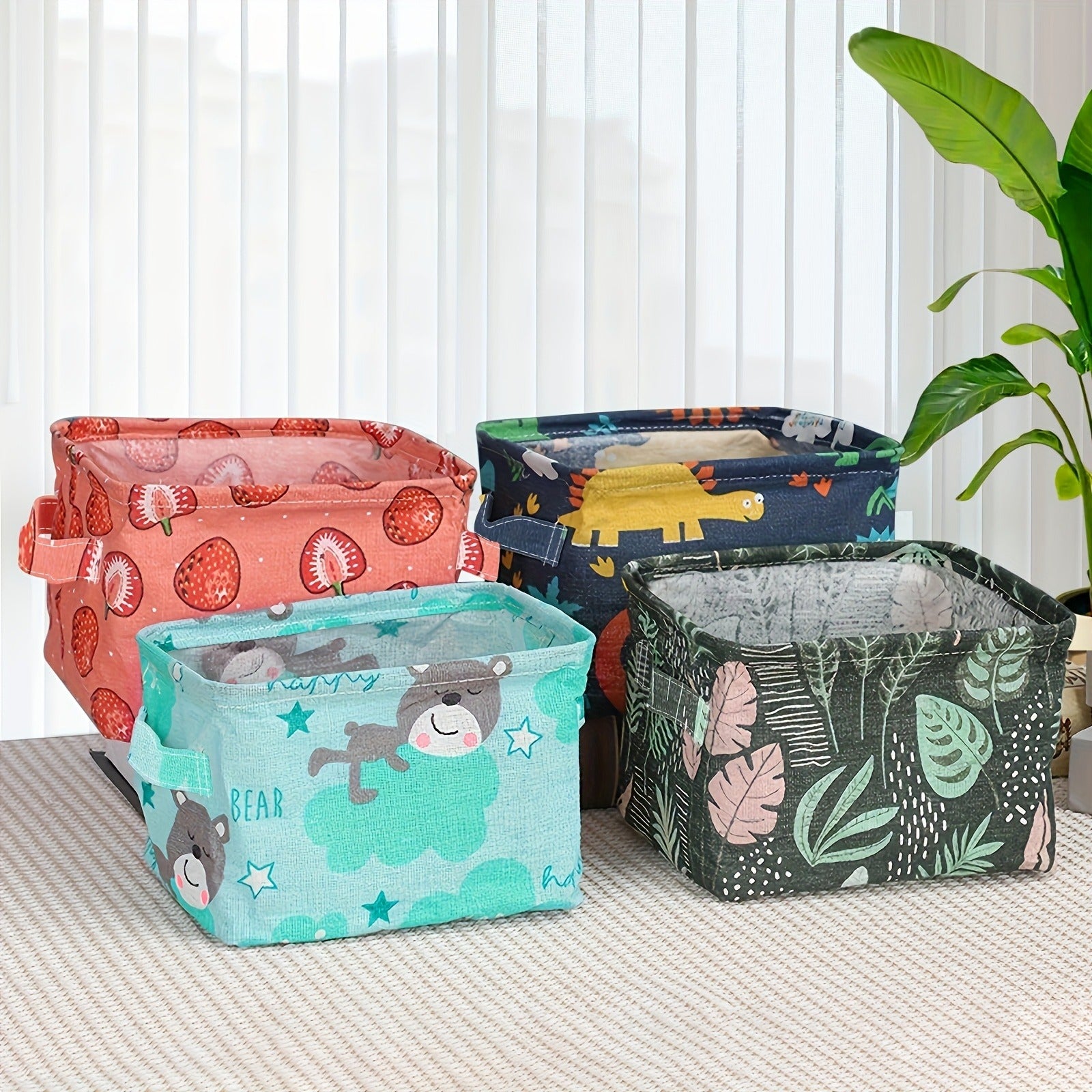 Foldable Desktop Storage Basket | Waterproof Cotton Linen Organizer | Mini Square with Handles (Random Colour And Design)