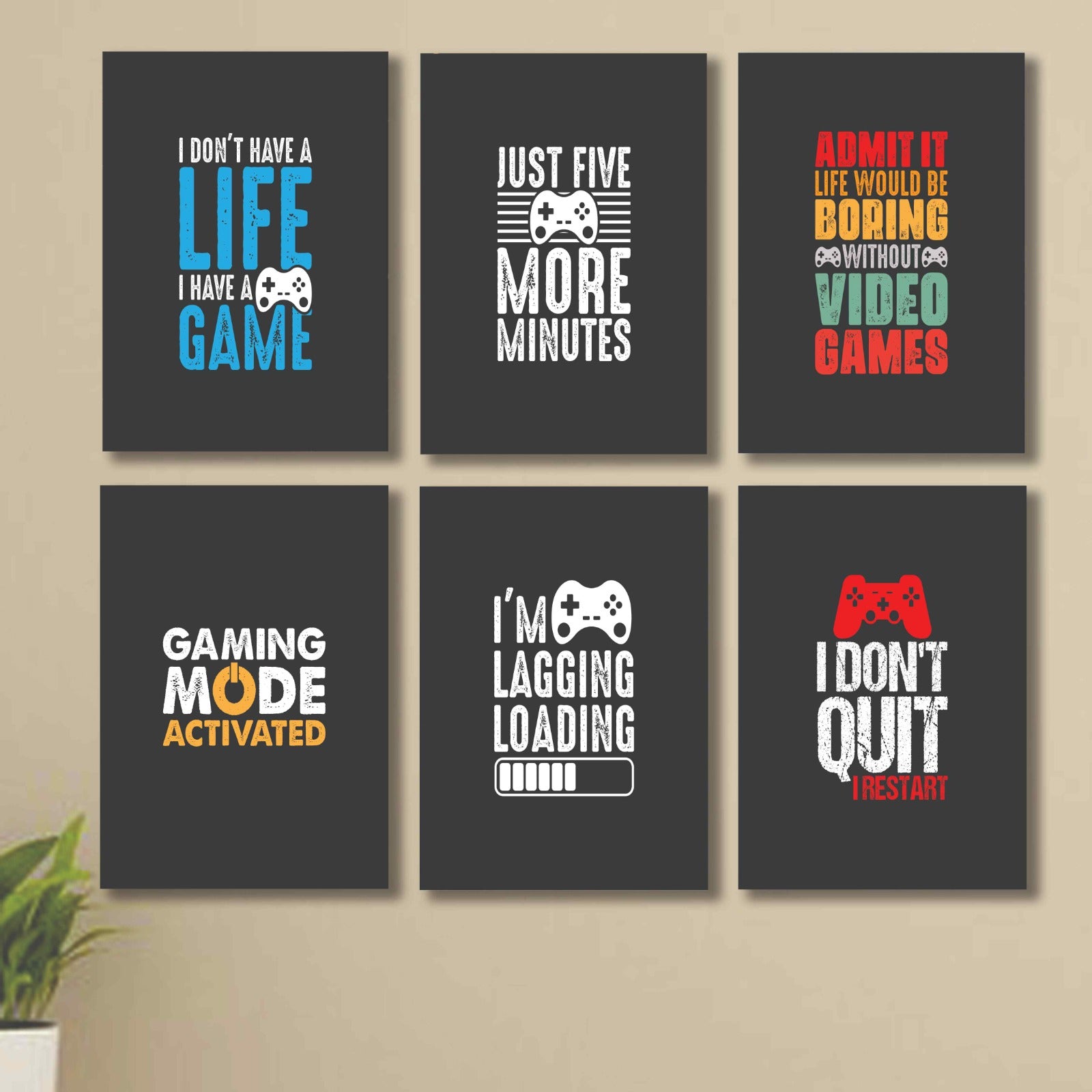 6 PC Wall Decor Cardboard Phototiles With Double Tape For Back Sticking Gaming Quotes(8*11size)