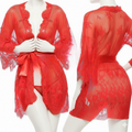Single Pcs Women? Net Transparent Sheer Lace Robe Gown �Long Sleeve Free-Size Nightwear With Satin Belt For Elegant And Stylish Comfort | DC-1051 (Red)